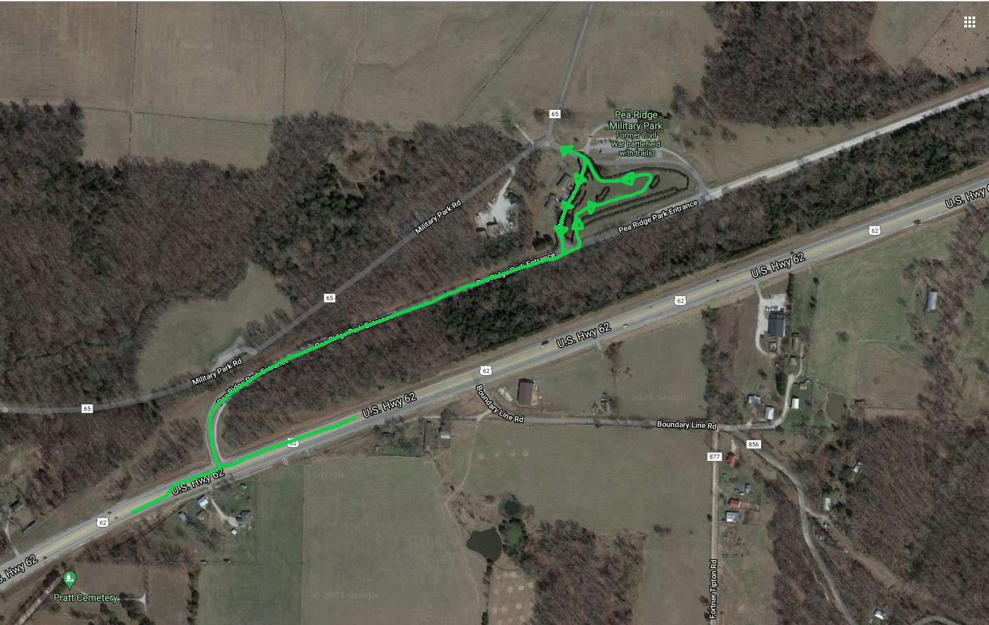 Aerial satellite photo of entrance road