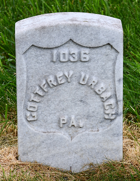 Headstone with text reading 1036 Cottfrey Urnbach PA.