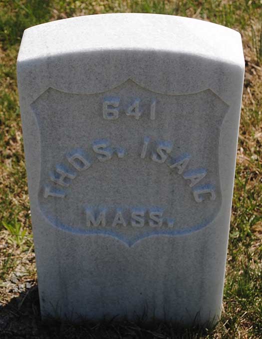 White headstone text reading 641 Thomas Isaac Mass.