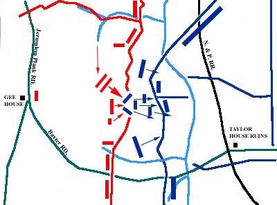 Battle map showing the red line is almost complete again and the blue rectangles start to move back toward the blue line on the right.