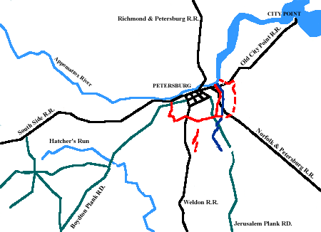 Map of Petersburg with a red line form a semi-circle around the city with a vertical blue line  on the right side.