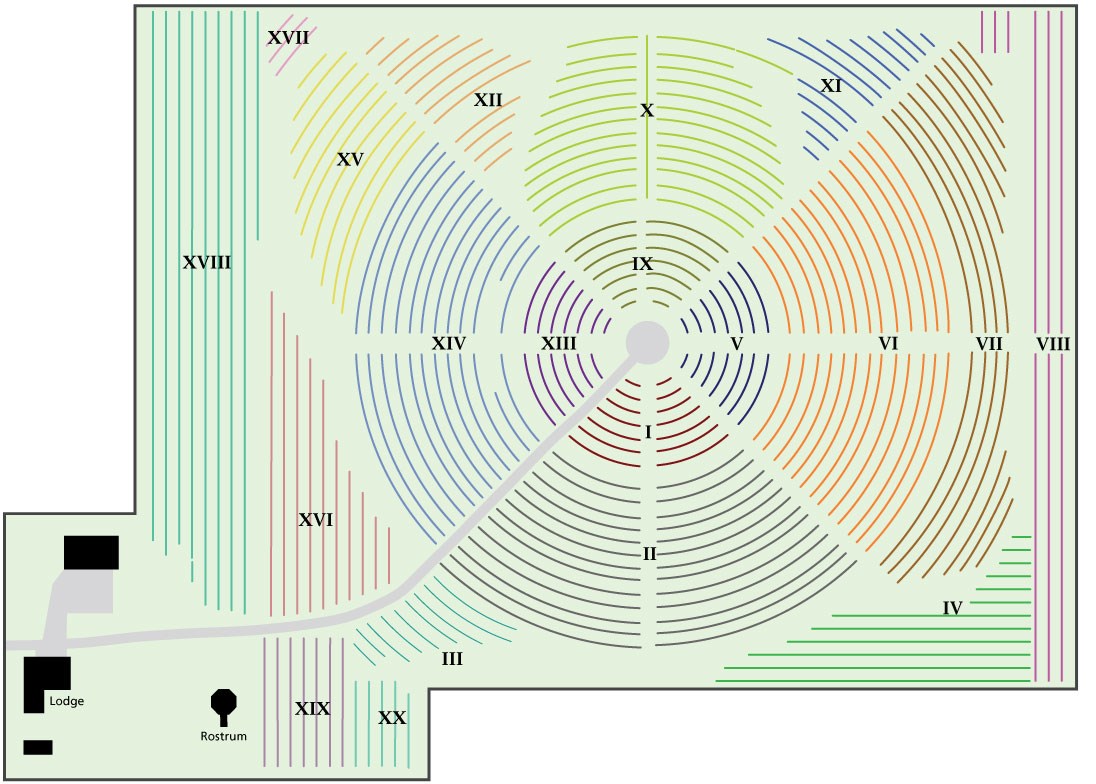 Cemetery map with sections labeled using roman numerals 1-20