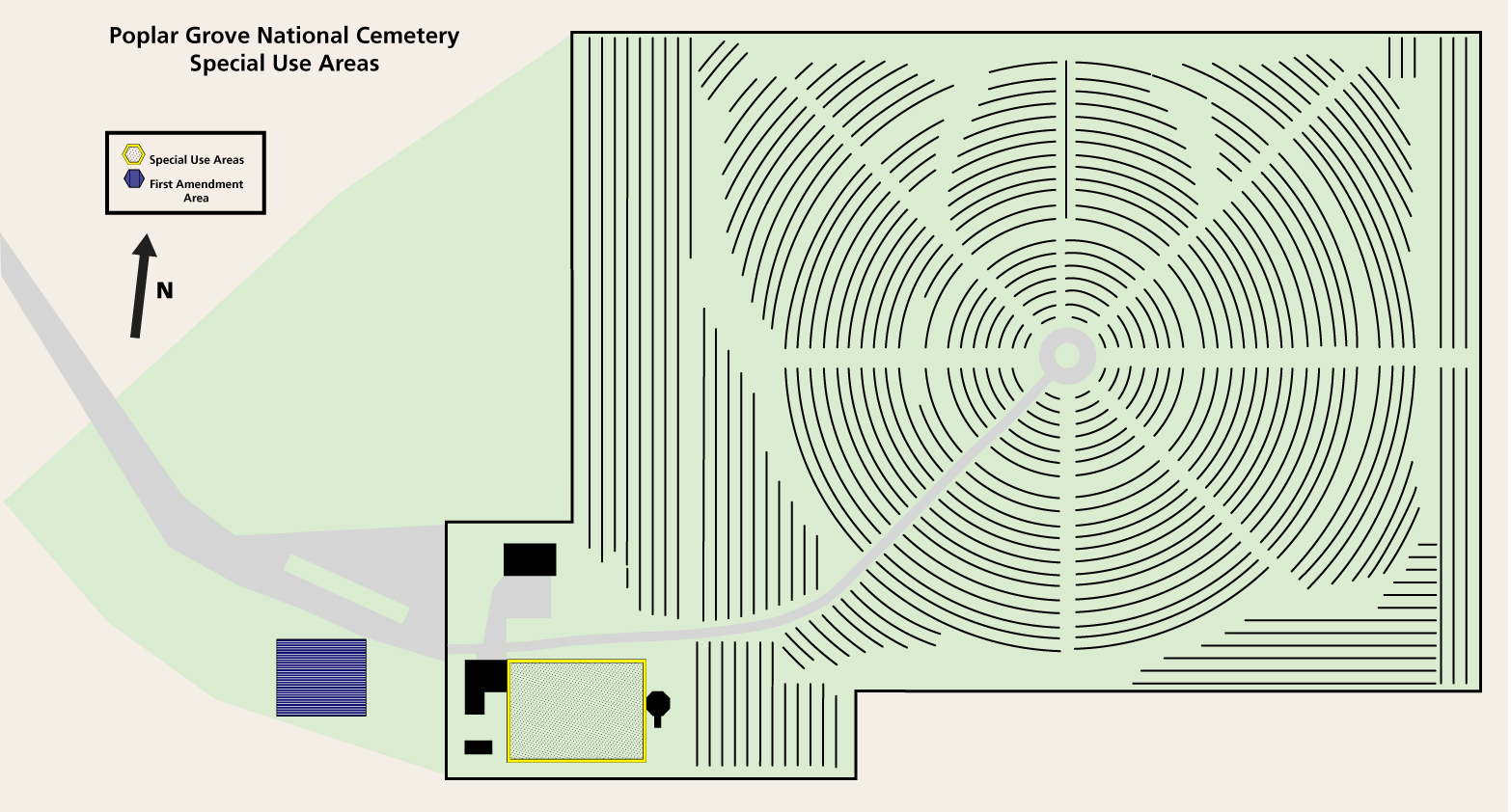 Map of cemetery, yellow (Special Use) area next to a building and blue (1st Amendment Area) next to parking lot