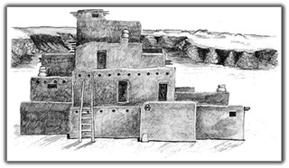 Pencil sketch of a multi-storied pueblo structure with mesa landscape in the background.
