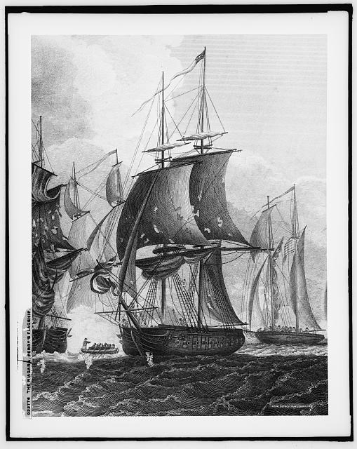 Black and white drawing of the Battle of Lake Erie, brig Niagara full sails and broadside fighting British ship