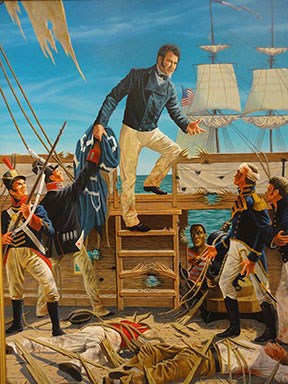 part of a mural with Commodore Perry standing at the top of a ships steps addressing the sailors, alive and dead, and holding the Dont Give Up the Ship flag