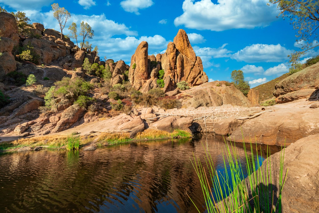 Scenic water and rock formations.