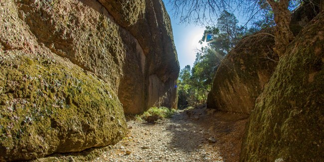 A trail runs through a rock formation.