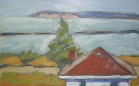 This seagull's view painting by Marsha Tuchscherer depicts the cupola of the Grand Marais Coast Guard Station. 