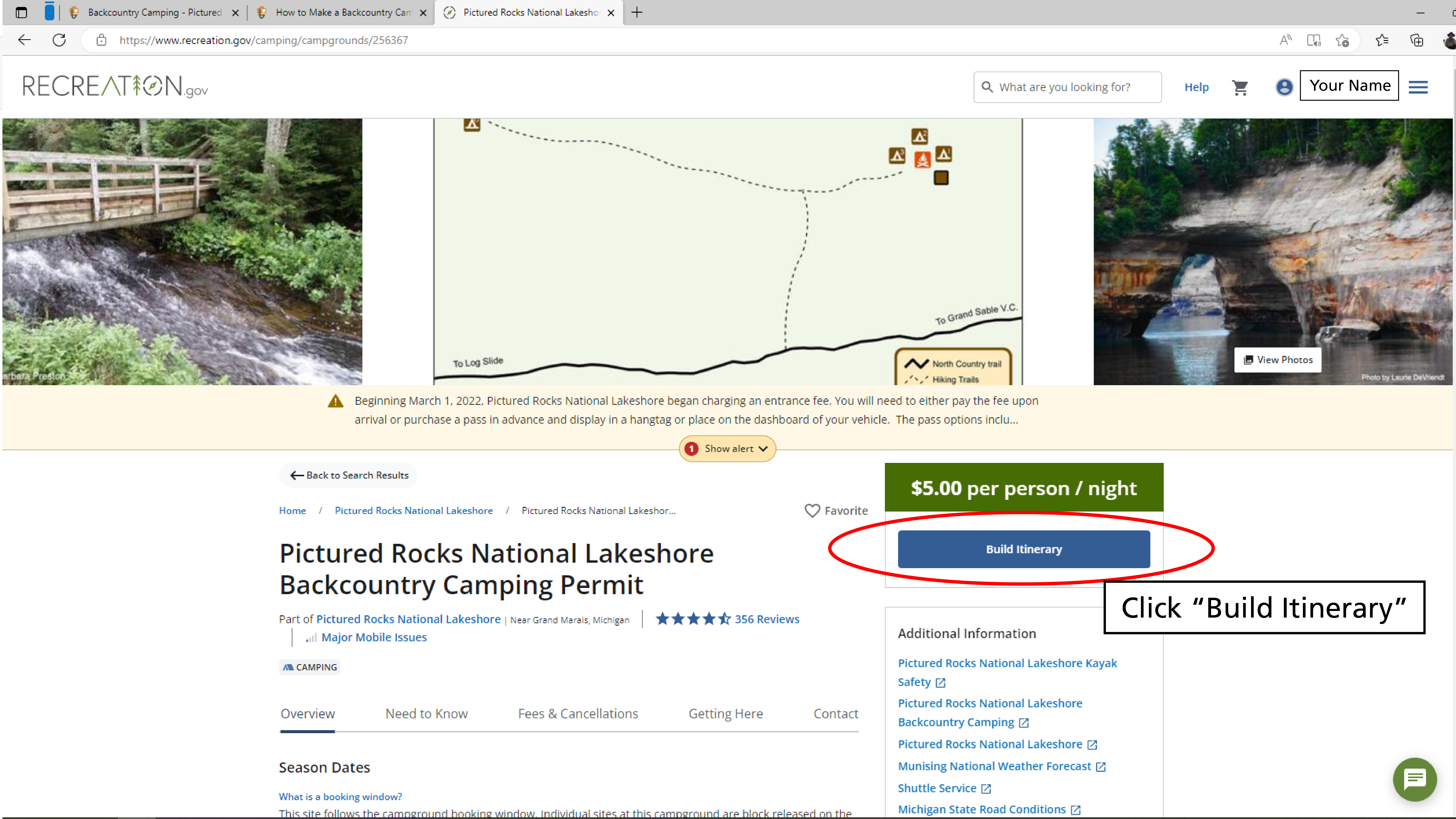 The recreation.gov page for Pictured Rocks' Backcountry permit. The option to "build itinerary" is circled. A text box reads "click build itinerary"