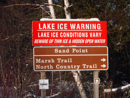 Lake Ice Conditions Vary Sign Beware of Thin Ice & Hidden Open Water