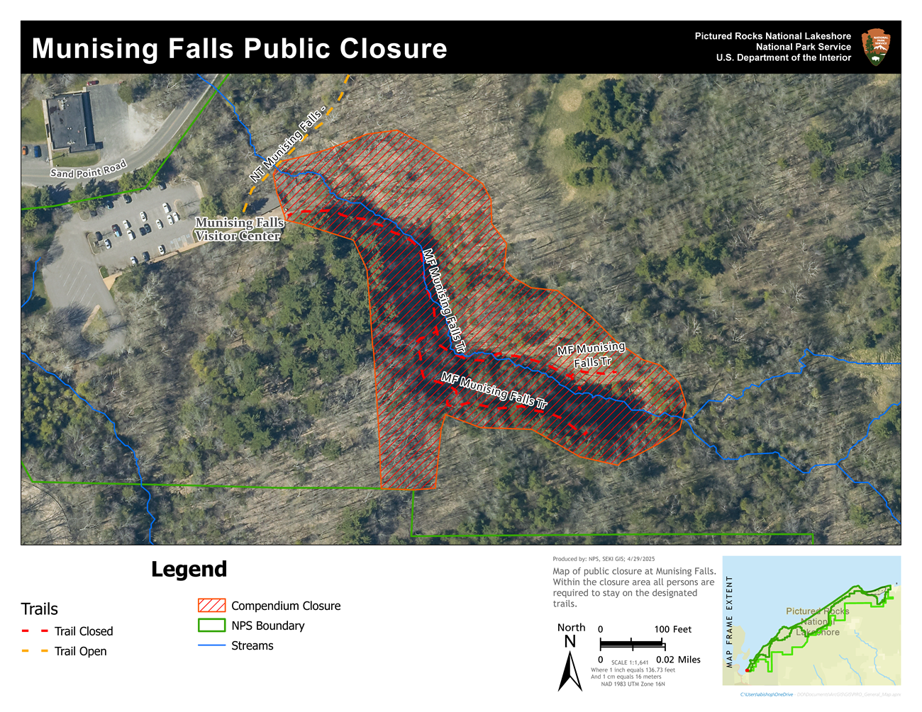 A map showing the closure area of Munising Falls. The entire canyon is closed, along with the trail.