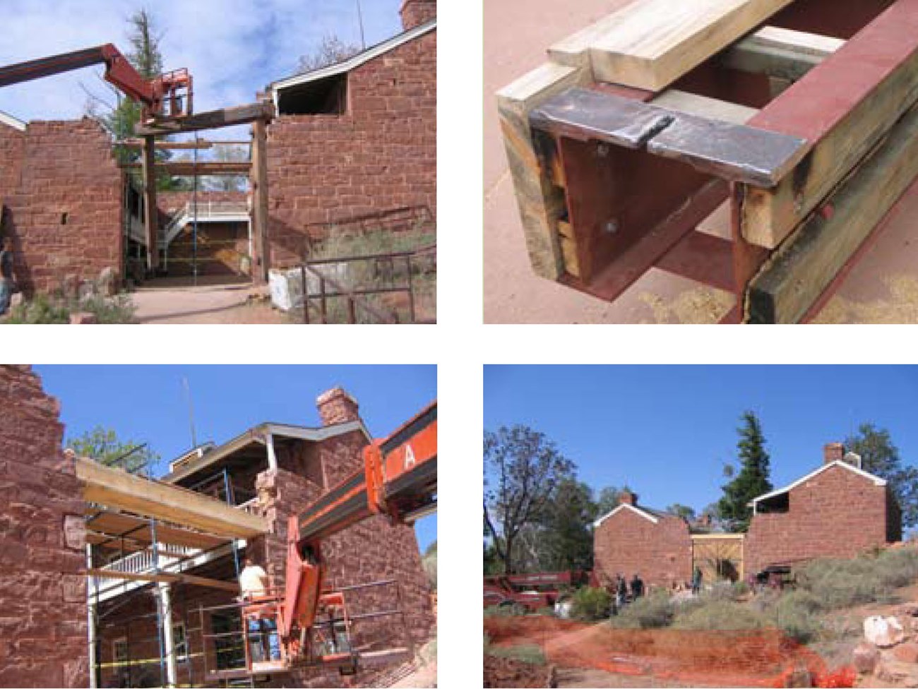 Removing old gate supports. / The new steel and wood lintel. / Installation of the new lintel. / All new wood was treated to resemble the old.