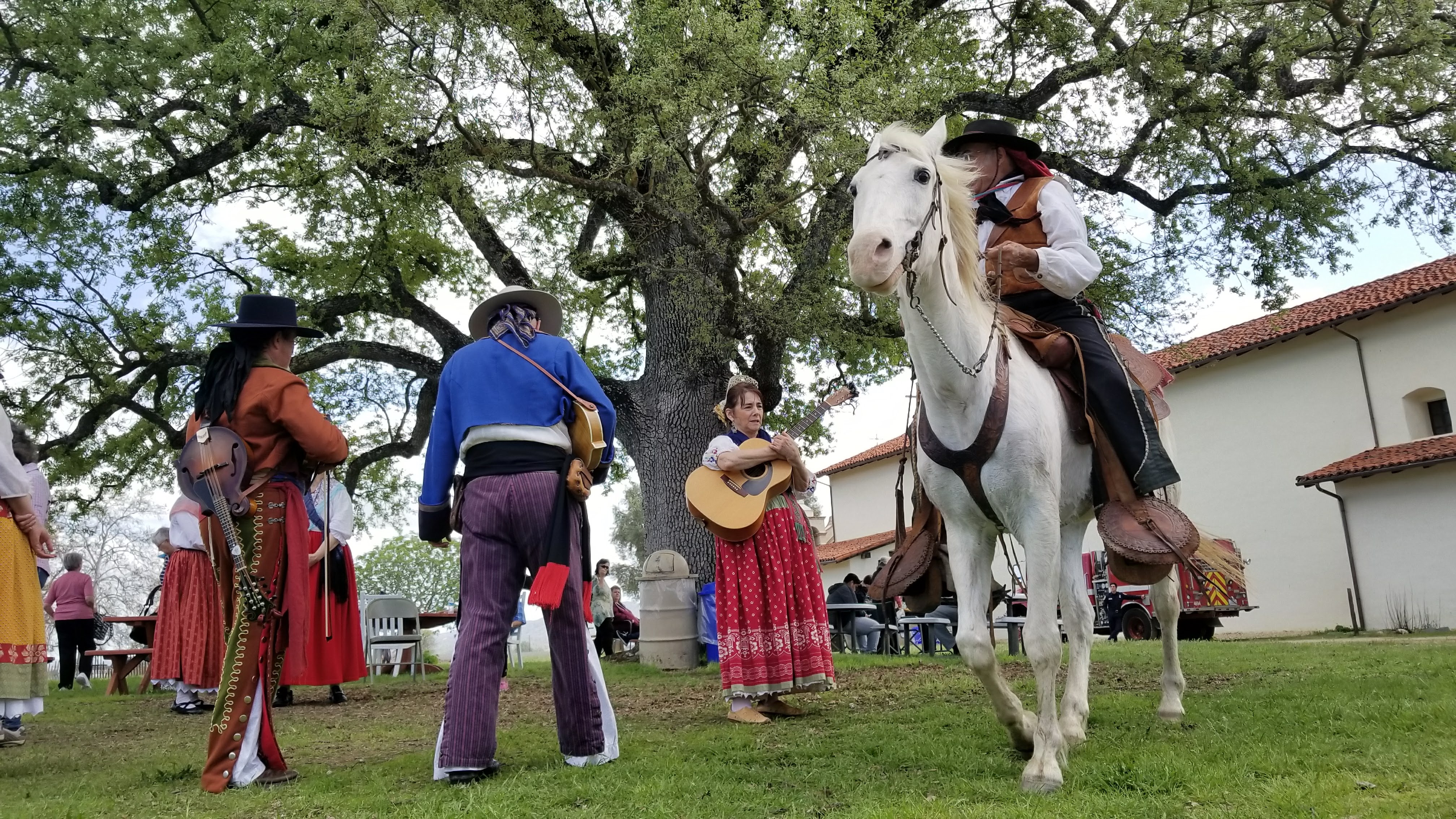 Musicians playing music outside under a large oak tree with one musician on a horse. 