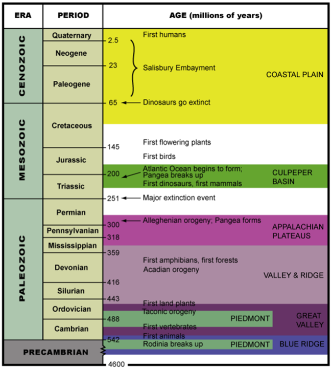 Geologic timescale highlighting the past 542 million years for physiographic regions in Potomac Heritage Trail corridor.