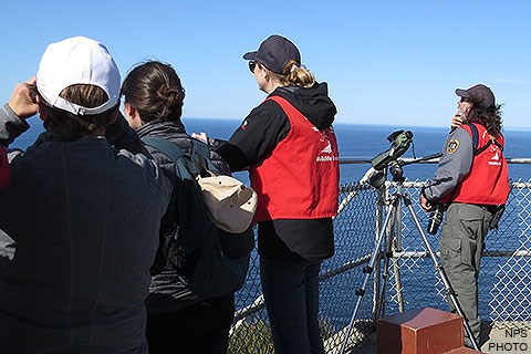 Two winter wildlife docents wearing red vests and two visitors looking for whales from a fenced-in observation deck.