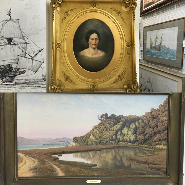 Collage of paintings and drawings showing portrait of woman, ships, and Point Reyes peninsula landscape.