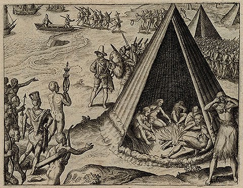 A woodcut engraving of men dressed in British 1570s-era clothing with swords and shields disembarking from a boat and being greeted by American Indians carrying bows and arrows. On the right are a few conical shaped wooden structures.