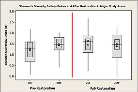 Figure 1 - Boxplots of Shannon-Weiner’s diversity index for zooplankton species in the Project Area and Reference Areas before and after restoration. Click on this image to view a full size version of this graph (109 KB PDF).