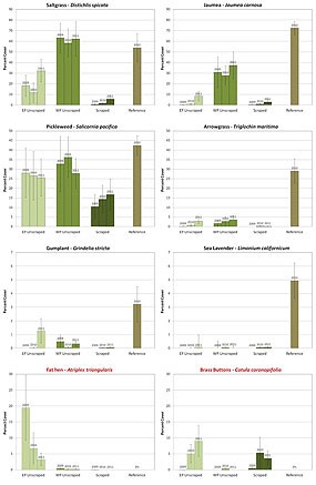 Figure A6. Bar graphs showing change in cover of eight of the most common species in the project area between 2009 and 2011 as compared to the reference site. Data for reference sites was collected in 2010. Note the differences in scale between species graphs. Error bars represent ±1 S.E. (Click on this image to download a 255 KB PDF of these graphs.)
