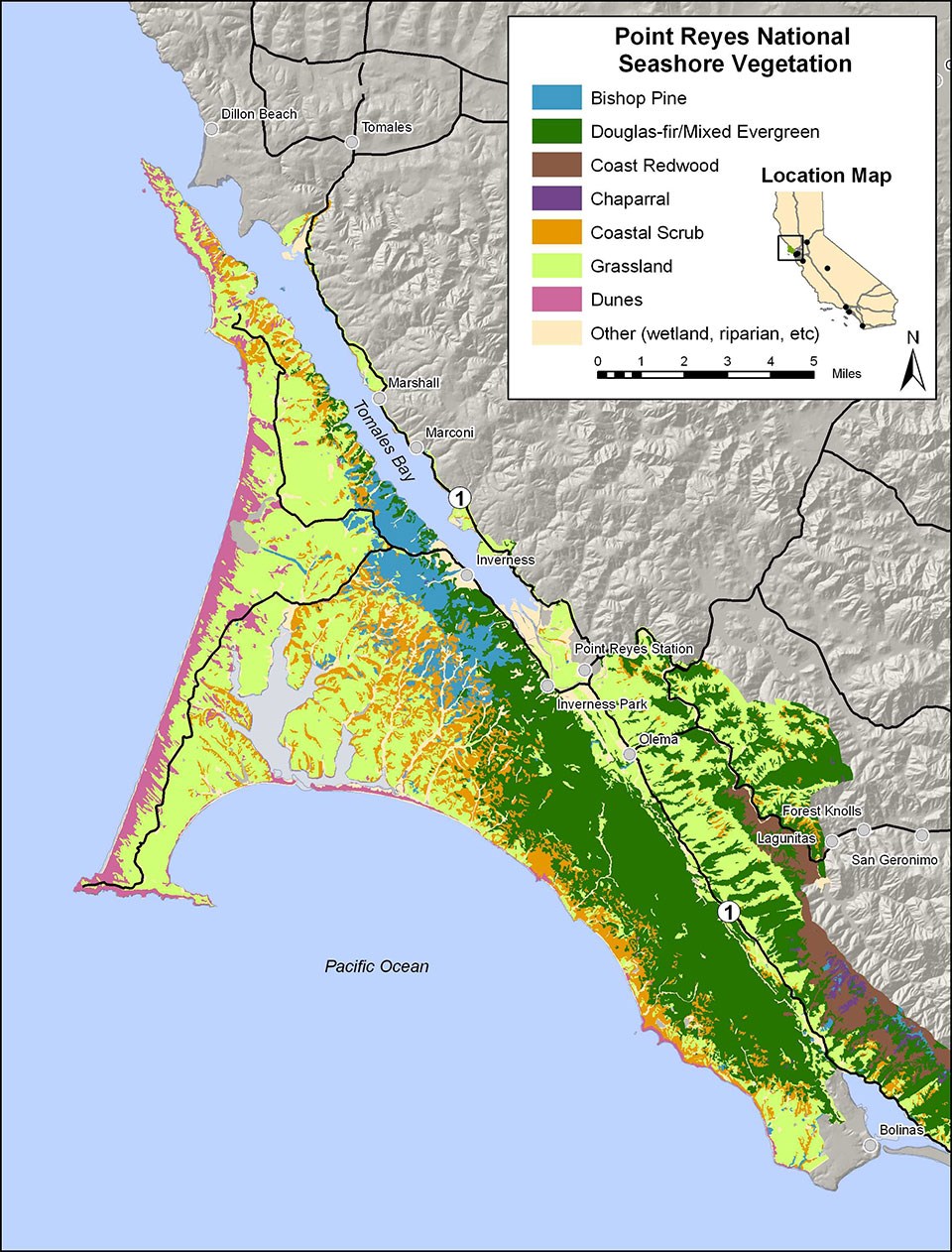 A map shows the distribution of dominant types of vegetation found throughout Point Reyes National Seashore and the Bolinas Ridge section of Golden Gate National Recreation Area.