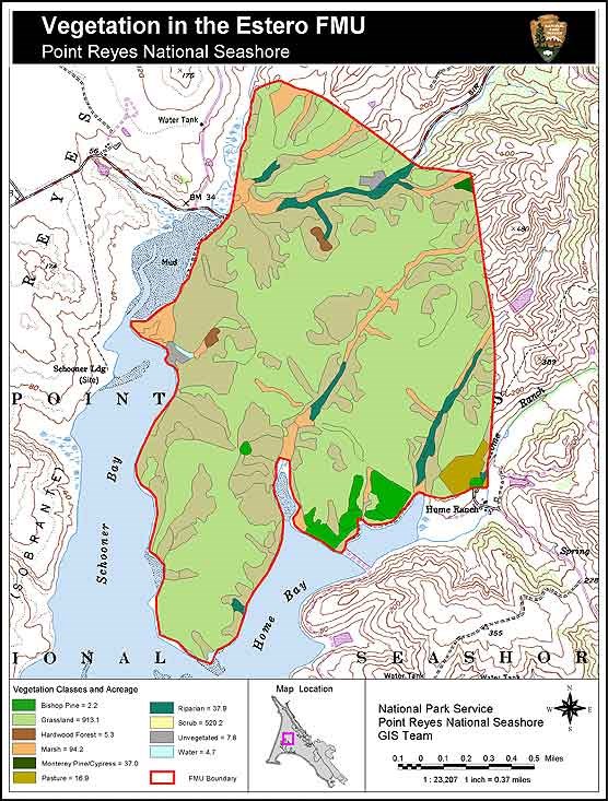 A vegetation map for the Estero Fire Management Unit in the north district of Point Reyes National.
