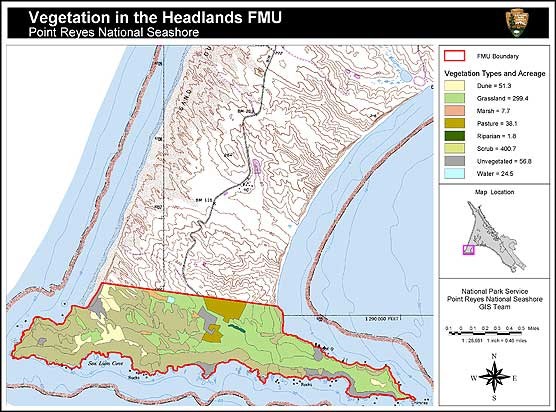 A vegetation map for the Headlands Fire Management Unit in the north district of Point Reyes National.