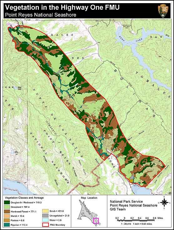A vegetation map for the Highway One Fire Management Unit in the south district of Point Reyes National Seashore and the north district of Golden Gate National Recreation Area.