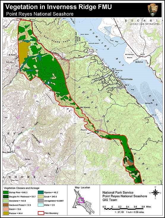 A vegetation map for the Inverness Ridge Fire Management Unit in the north district of Point Reyes National Seashore.