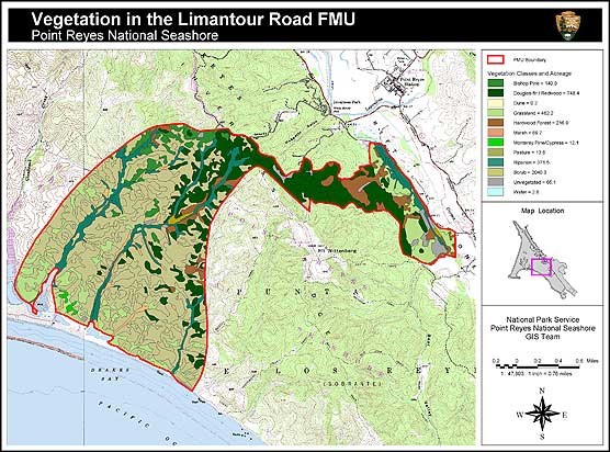 A vegetation map for the Limantour Road Fire Management Unit in the north district of Point Reyes National Seashore.