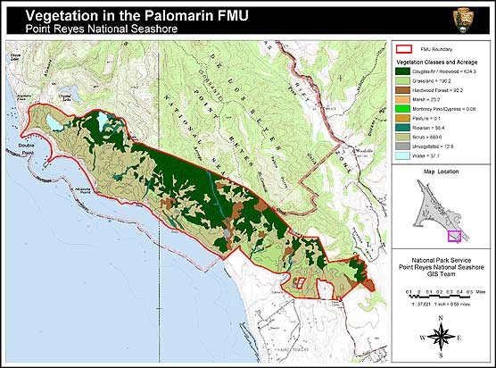 A vegetation map for the Palomarin Fire Management Unit in the south district of Point Reyes National Seashore.