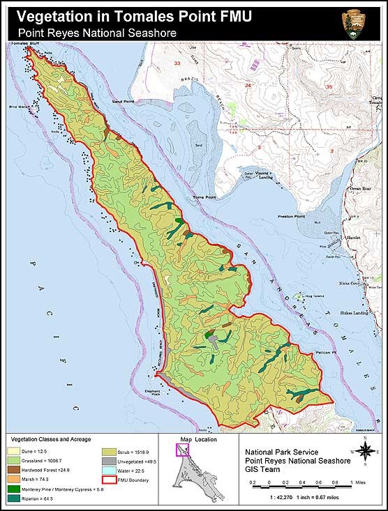 A vegetation map for the Tomales Point Fire Management Unit in the north district of Point Reyes National Seashore.