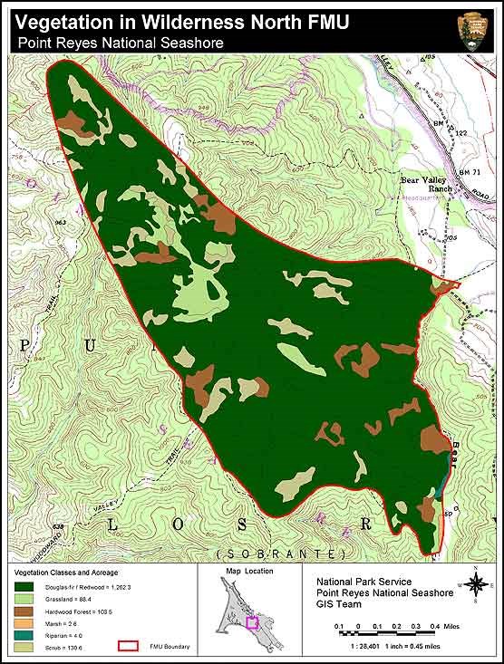 A vegetation map for the Wilderness north Fire Management Unit in the north district of Point Reyes National Seashore.