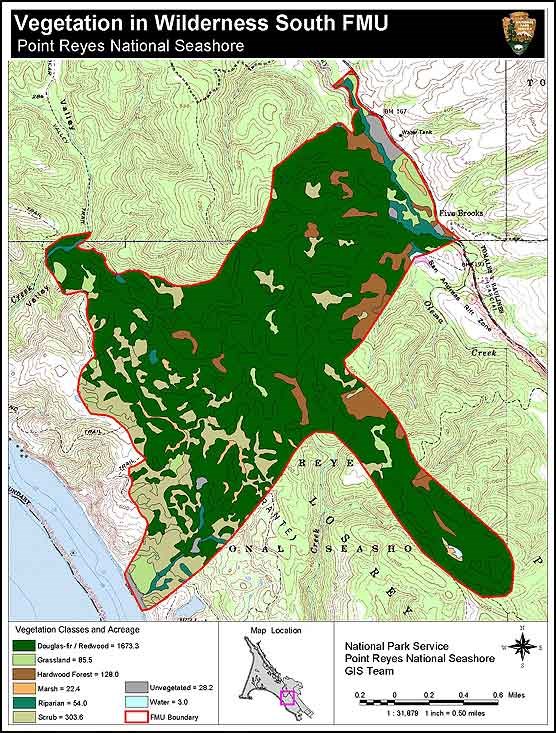 A vegetation map for the Wilderness South Fire Management Unit in the south district of Point Reyes National Seashore.
