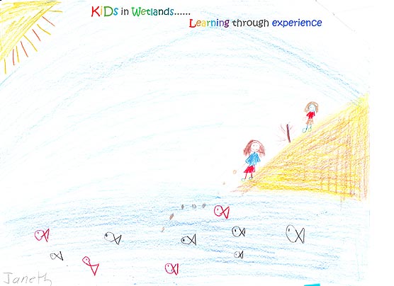 Kids in Wetlands Learning Through Experience drawing. Child's crayon drawing with sun in the upper left and two children on the shore of a body of water in which fish swim.