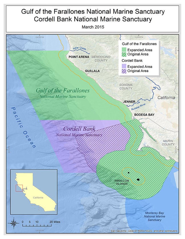 A color map of the pre- and post-2015 boundaries of the Greater Farallones and Cordell Bank National Marine Sanctuaries.