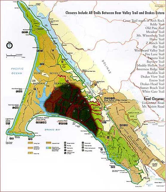 A color map of Point Reyes National Seashore with a dark area in the center of the map indicating that trails are closed in that zone.