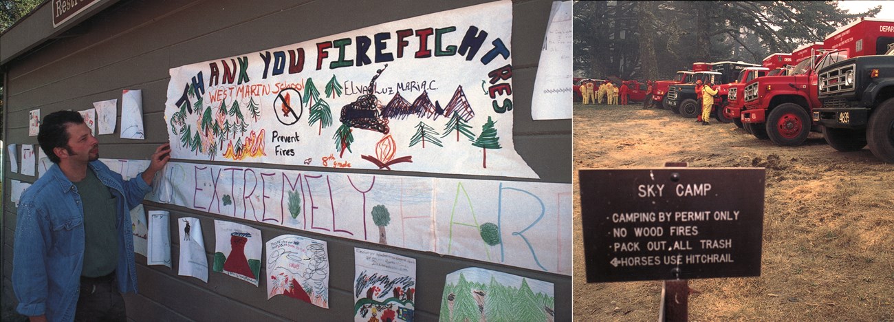 Two photos: On the left, a man looks at letters and art on a wall thanking firefighters; on the right, wildland firefighters and trucks with a sign for Sky Camp in the foreground.