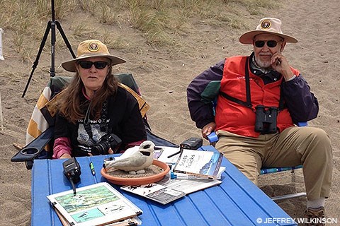 Two volunteers sitting a a blue-topped table with information about the western snowy plover.