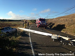 Picture of Highway 1 just north of Olema after an automobile collided with a power pole. The automobile is on the left, the pole is blocking Highway 1, and a fire truck is visible in the background.