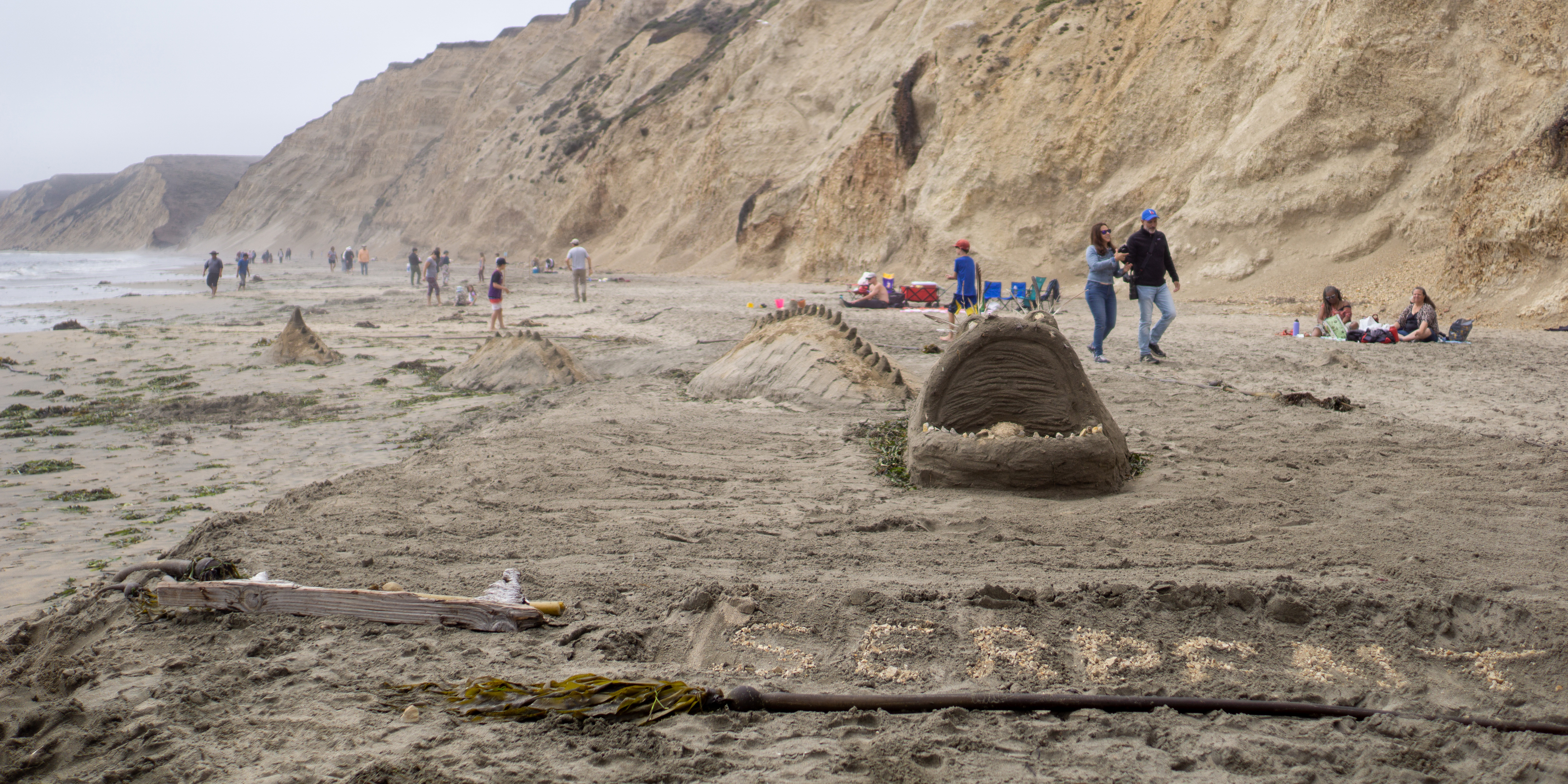 A sand sculpture of a seashore serpent with a bulbous head and open mouth swimming at the water's (e.g., sand's) surface with parts of its long back visible.