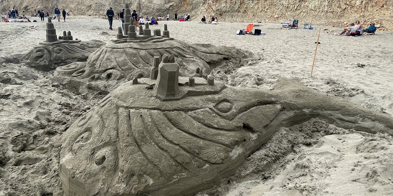 A large sand sculpture of three whales on which small towers and terraces have been constructed.