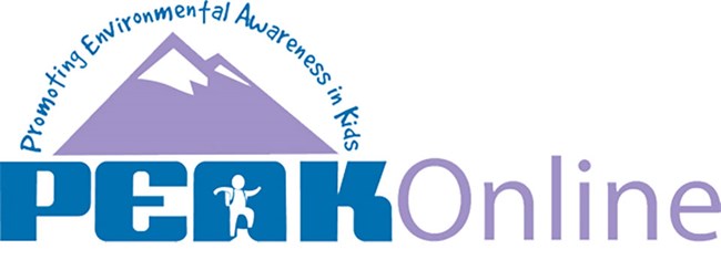 The logo for PEAK (Promoting Environmental Awareness in Kids) Online, which features a cartoon of a snow-capped purple mountain peak.