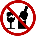 A cartoon of a broken wine glass and a broken bottle surrounded by a red circle with a diagonal red line.