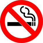 The international symbol for no smoking, which is a cartoon of a lit cigarette surrounded by a red circle with a diagonal line across the cigarette.