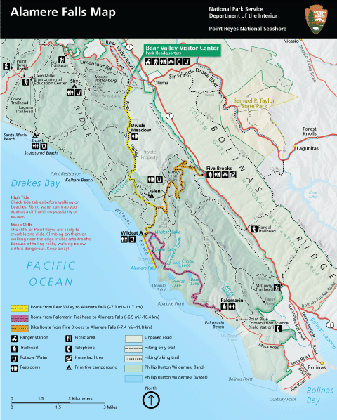 A map of the southern district of Point Reyes National Seashore with more commonly used routes to hike to Alamere Falls highlighted. [Click on this image to download a 4.9 MB PDF version of this map.]