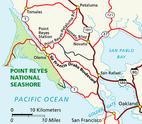 A color map of Marin County and the northwest San Francisco Bay Area with Point Reyes National Seashore shown in green on the left side of the map.