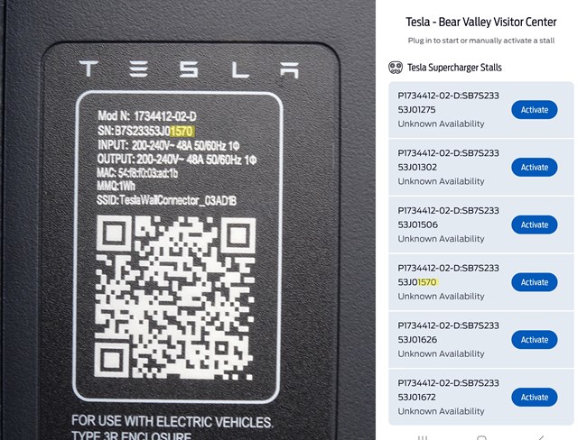 A close-up photo of a QR code on the side of a Tesla charging station with the last four digits of a serial number highlighted adjacent to a screenshot of the FordPass app displaying the station IDs at the Bear Valley Visitor Center.