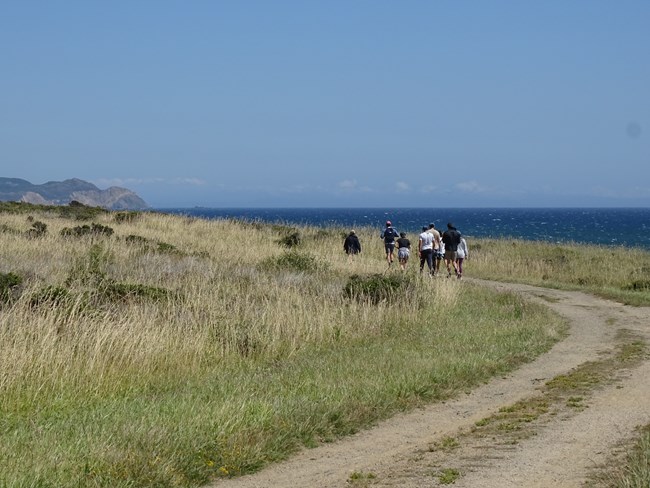 Six people hiking along a wide trail with the ocean in the distance on the right.