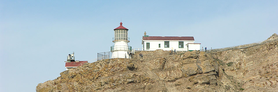 A white-sided, red-roofed, three-story lighthouse and three other white buildings on barren rock.